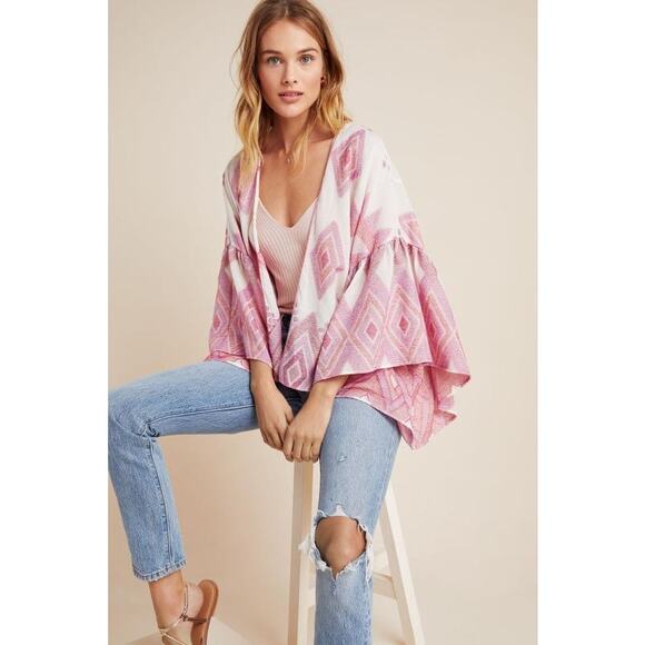 Anthropologie Jacinda Cropped Cardigan Flowy Wide Sleeves Pink White Kimono - Picture 7 of 7